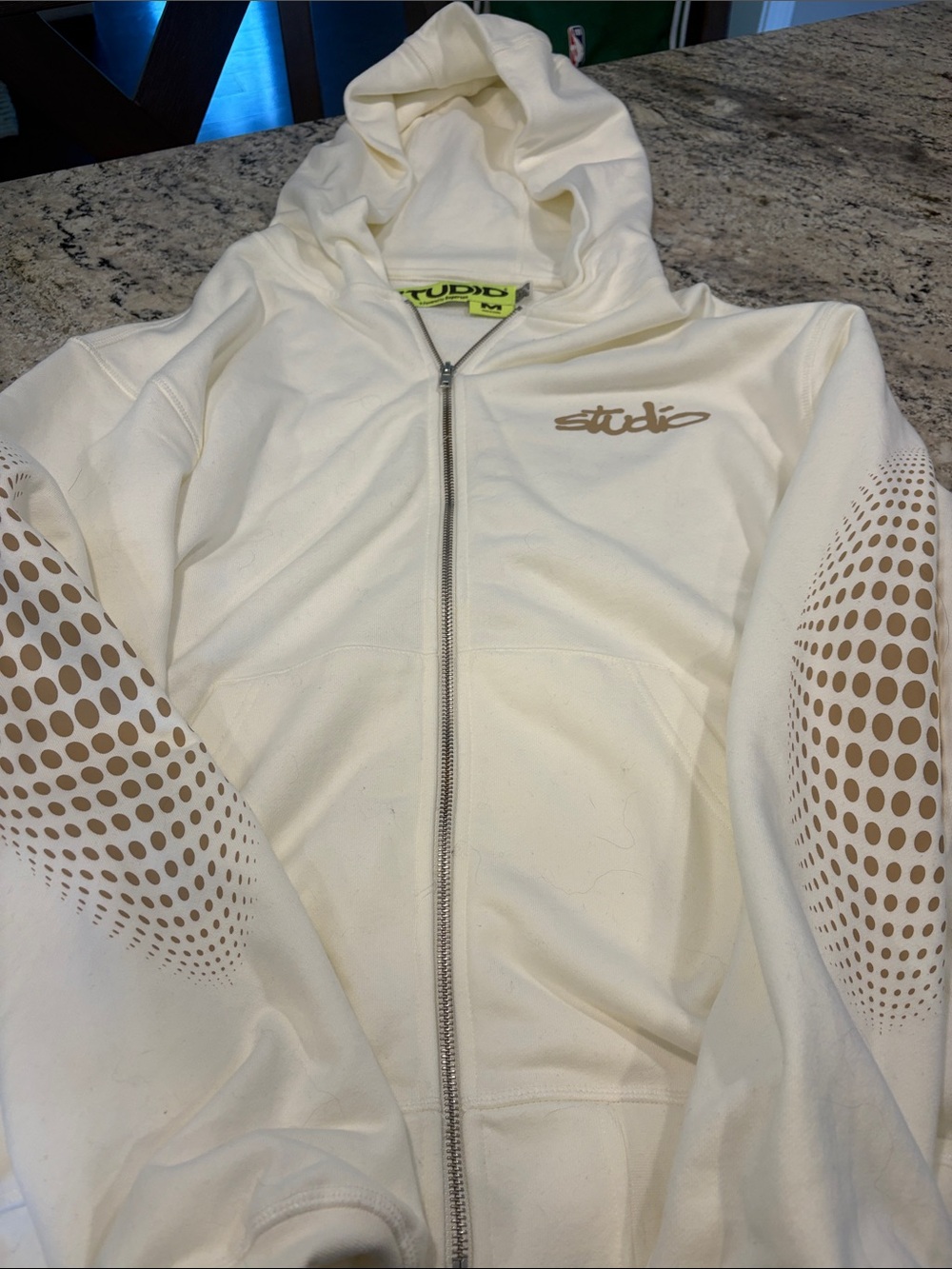 Mens Studio Cream Zip-Front Hoodie with Tan Dot Sleeve Pattern